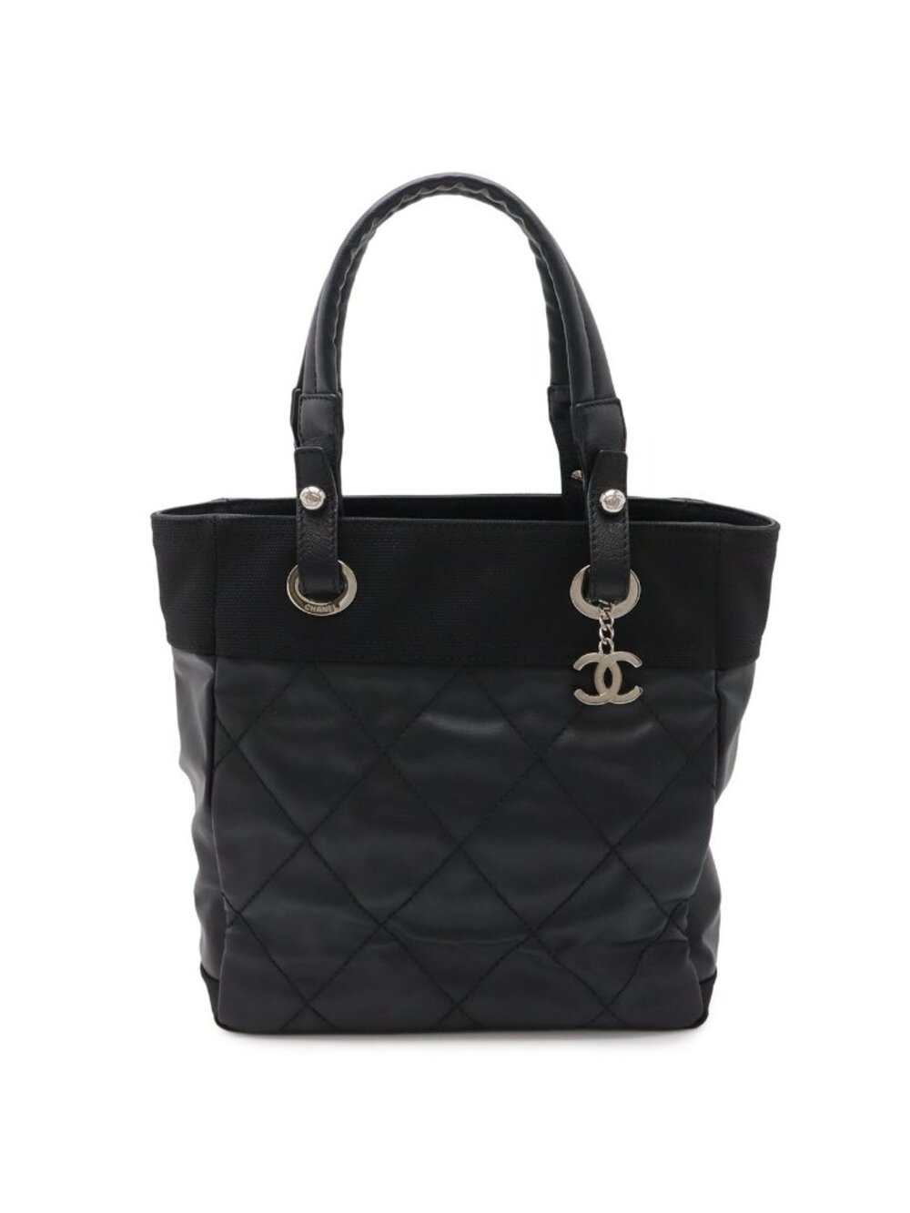 Chanel Paris Biarritz Tote PM Shoulder Bag Leather Black Silver